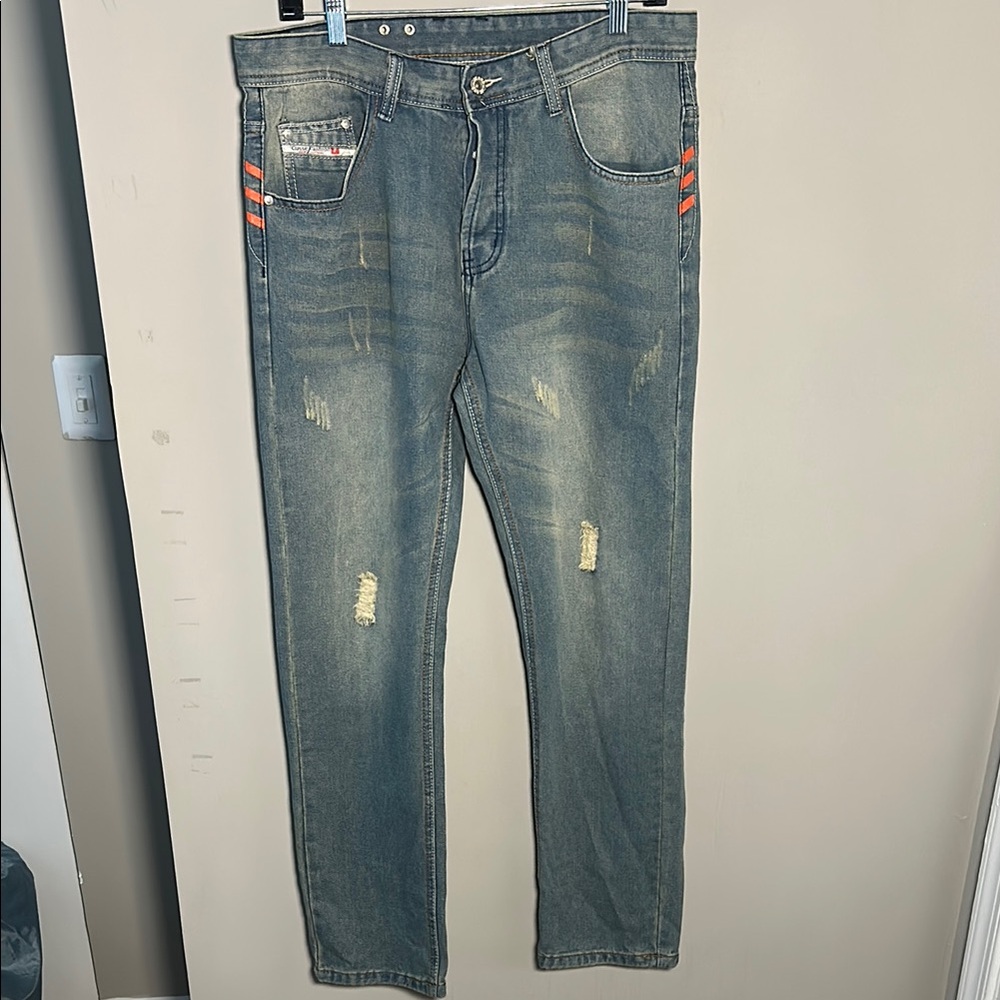 Dant Bulun New Men's Blue with Red Accents distressed jeans